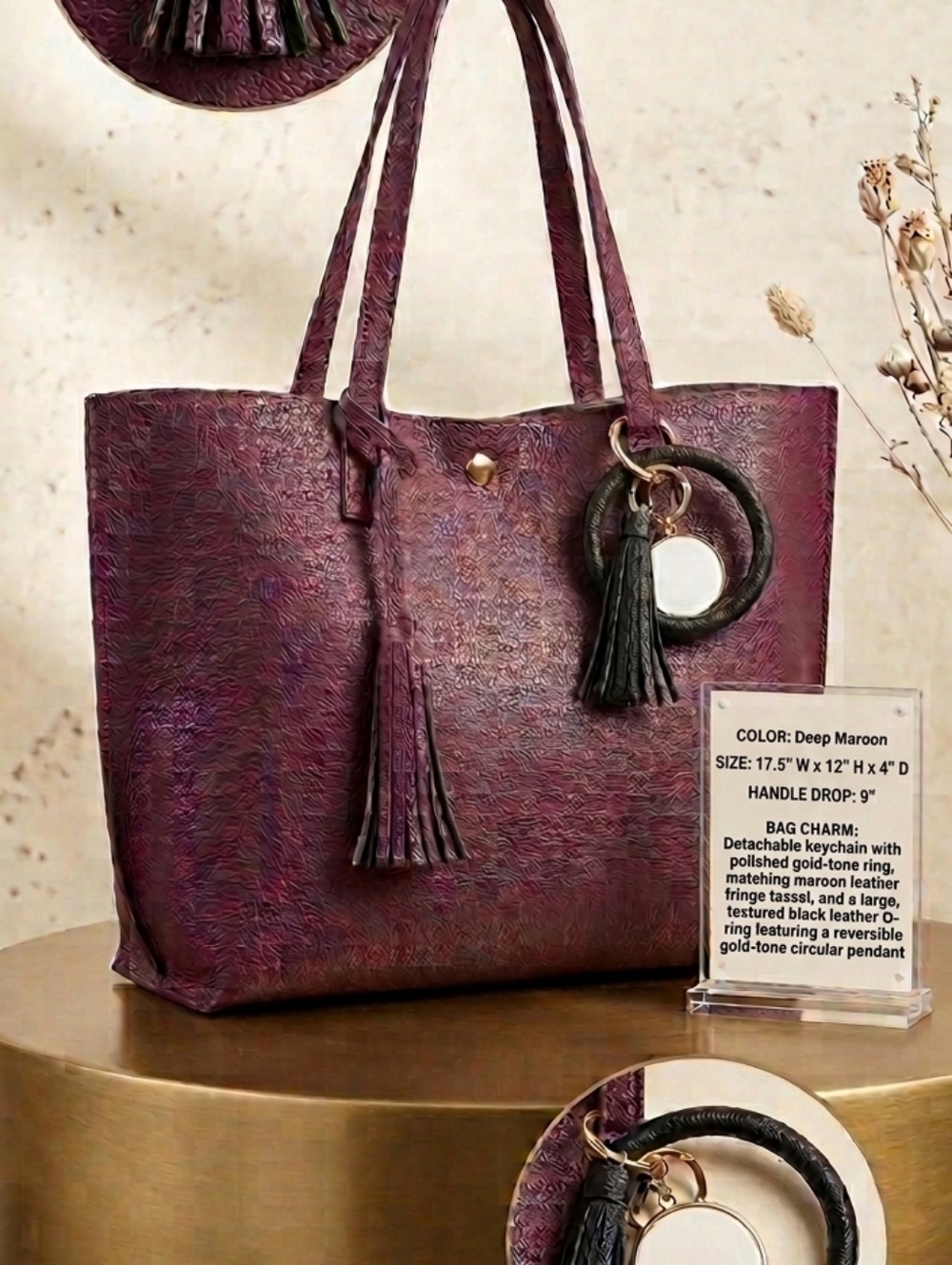 ​Deep Maroon/Plum Textured Vegan Leather Tote Bag with Keychain & Duel Tassels